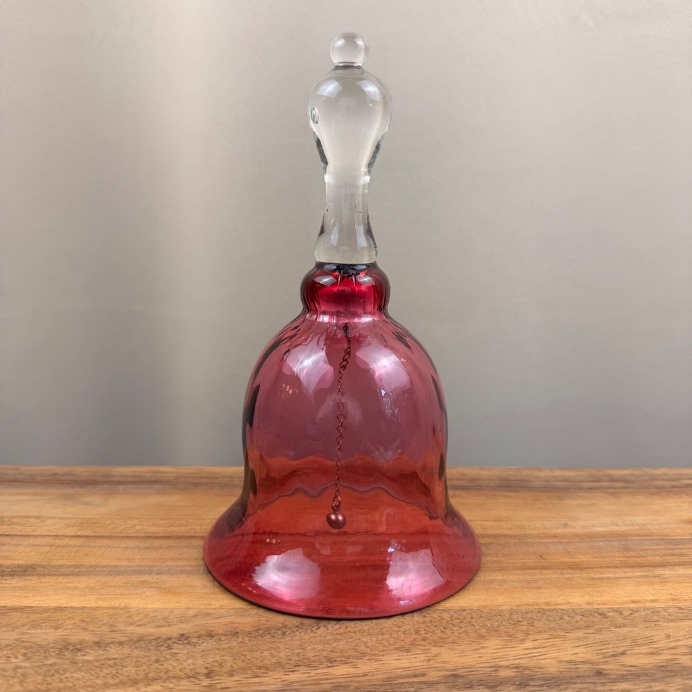 Pilgrim Glass Cranberry Red Hand Blown Glass Bell Clear Handle Vintage Decor